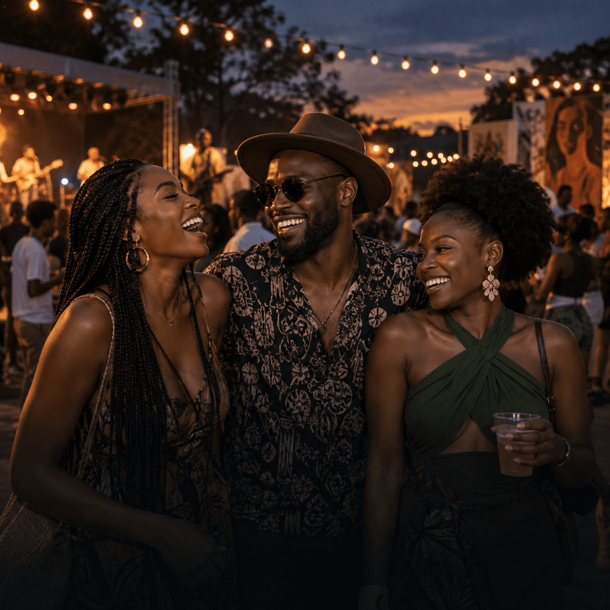 Friends laughing together at an outdoor evening event